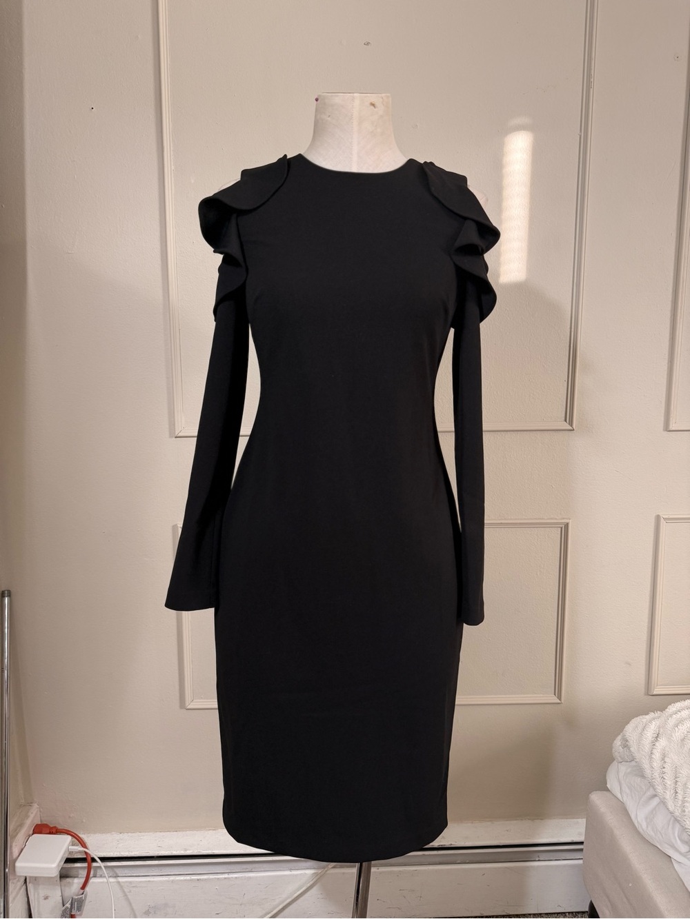 Calvin Klein Black Long-Sleeve Ruffle Shoulder Dress